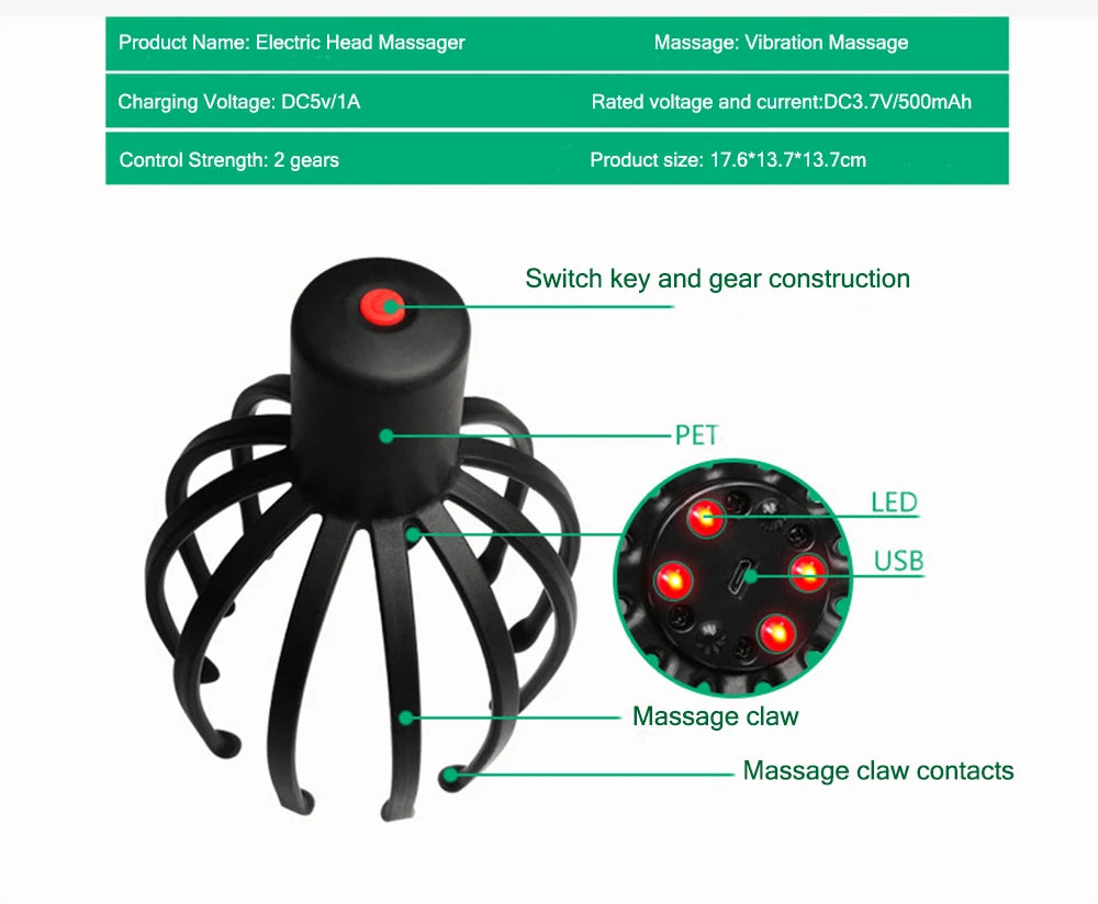 Wireless acupoint Head massager Vibrating Scalp massager Prevent hair loss Octopus Neck Equipment Stress Release Relax Massager